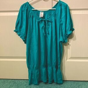 Just My Size 2XL teal hippie peasant blouse, drop waist, ruffle hem short sleeve